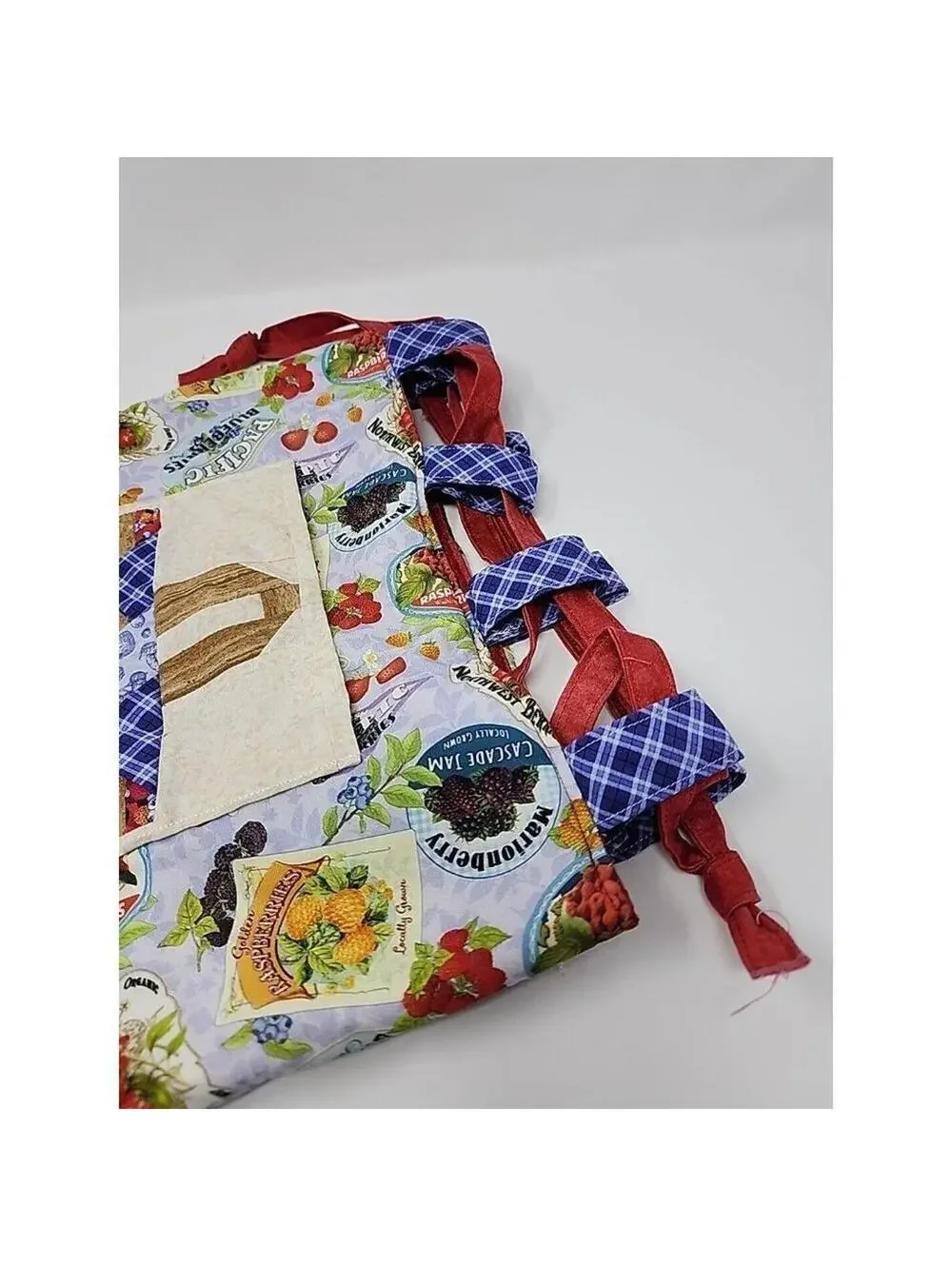Handmade Tote Bag with Fruit Print and Blue Plaid Northwest Berries